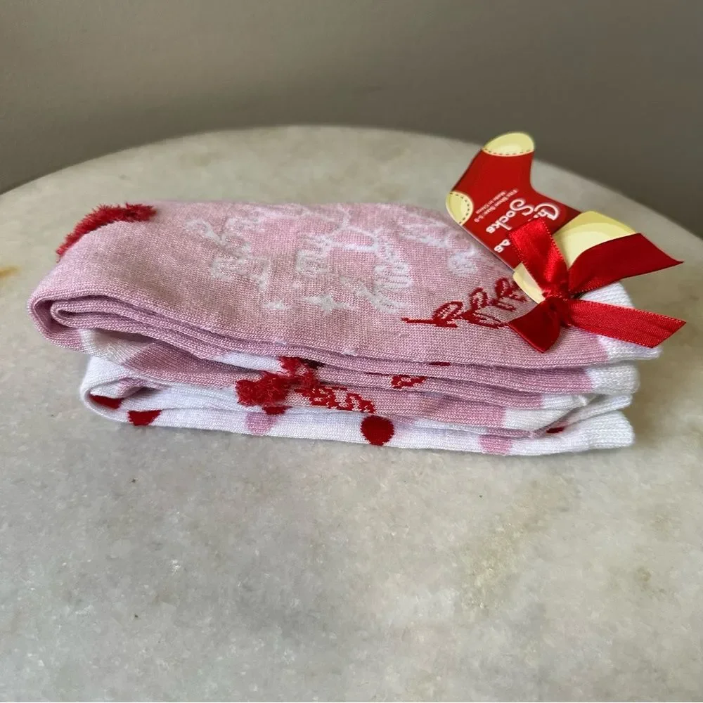 Christmas Theme Pink and Red Mid Calf Socks NWT Shoe Size 5-9